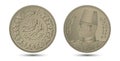 Egyptian silver coin, 10 piasters, 1937 year. The reverse and obverse side of the coin.